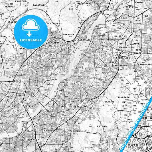 Hirakata, Japan light map with streetnames, citynames and districts