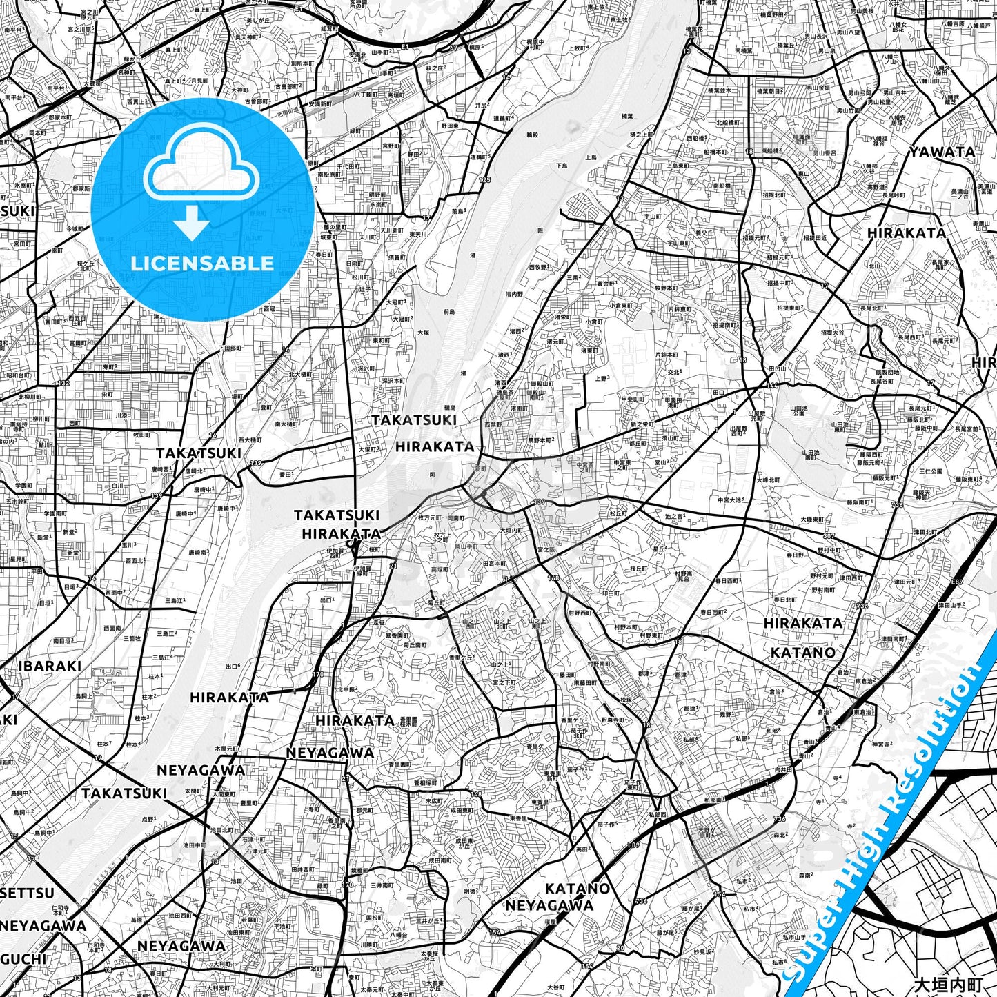 Hirakata, Japan Light Map with Street Names, City Names, and Districts