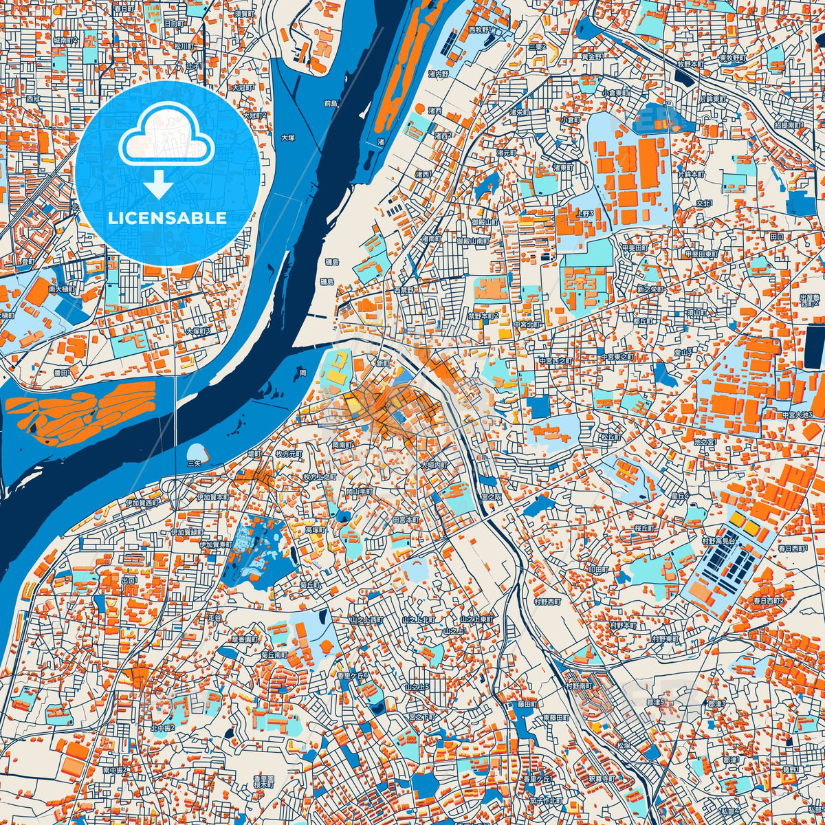 Colorful Hirakata Street Map with Labels and Buildings