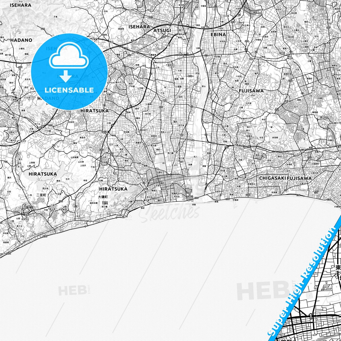 Hiratsuka, Japan light map with streetnames, citynames and districts