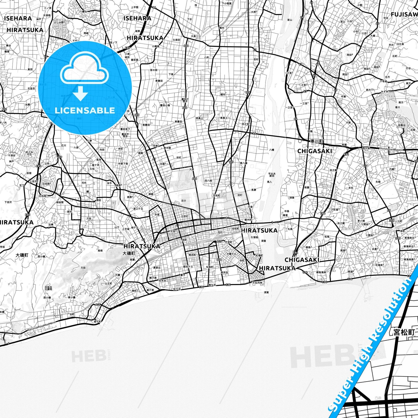 Hiratsuka, Japan Light Map with Street Names, City Names, and Districts