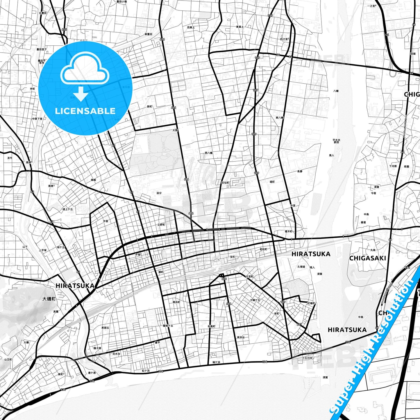 Hiratsuka, Japan Light Map with Street Names, City Names, and Districts