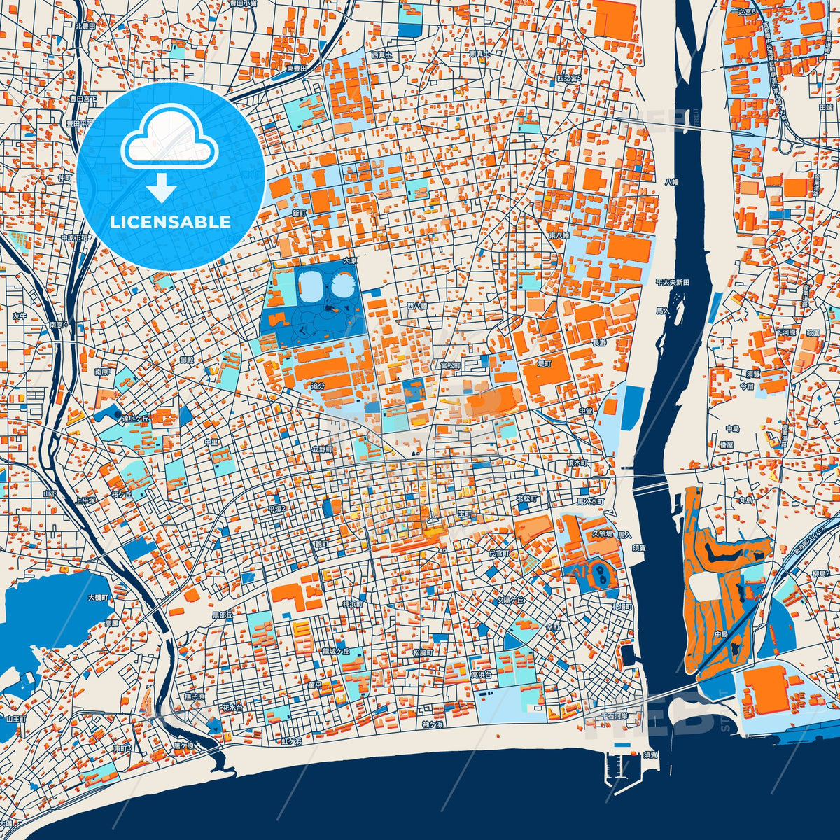 Colorful Hiratsuka Street Map with Labels and Buildings