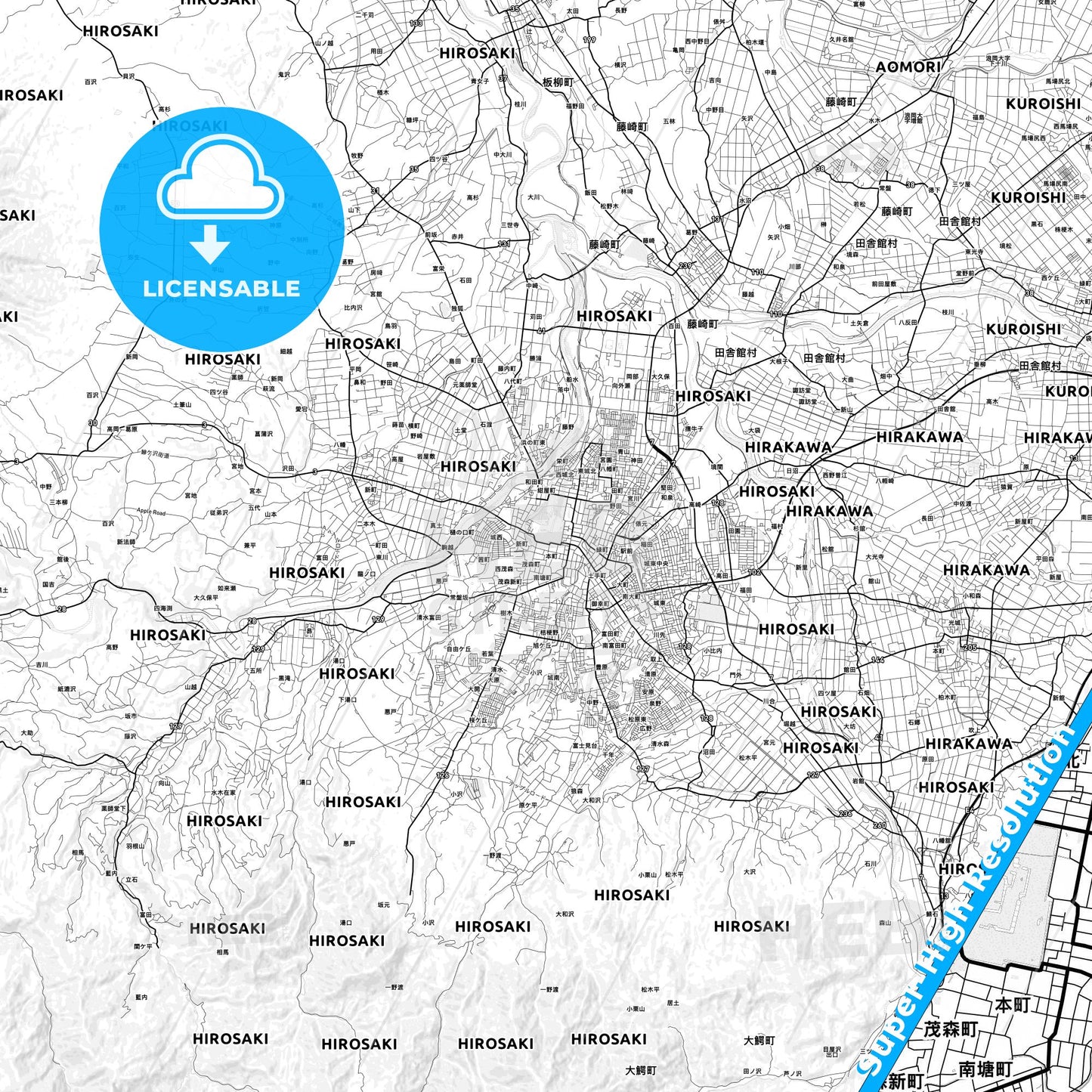 Hirosaki, Japan light map with streetnames, citynames and districts