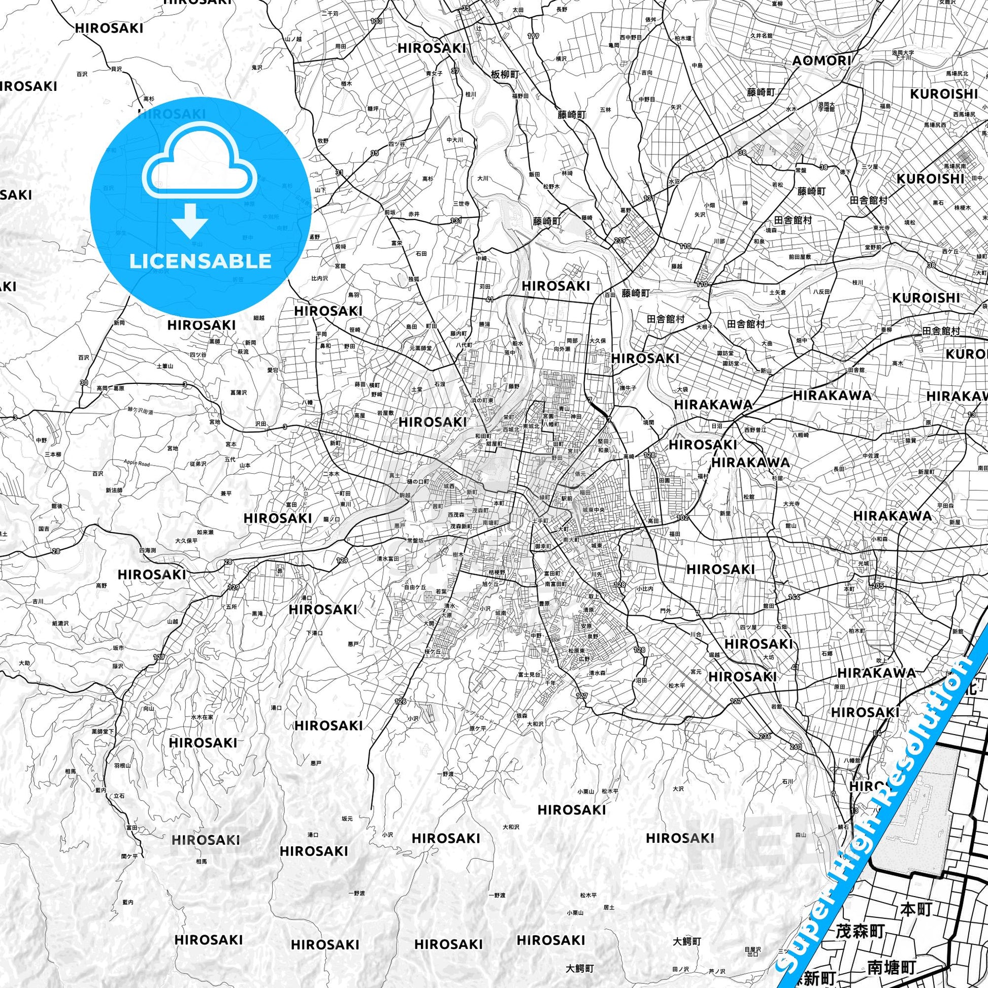 Hirosaki, Japan light map with streetnames, citynames and districts