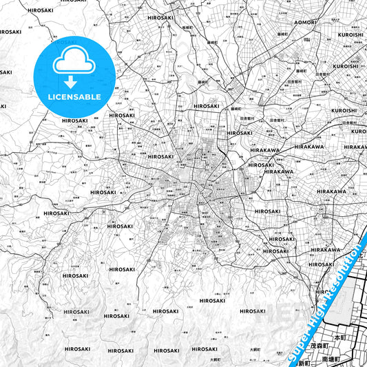 Hirosaki, Japan light map with streetnames, citynames and districts