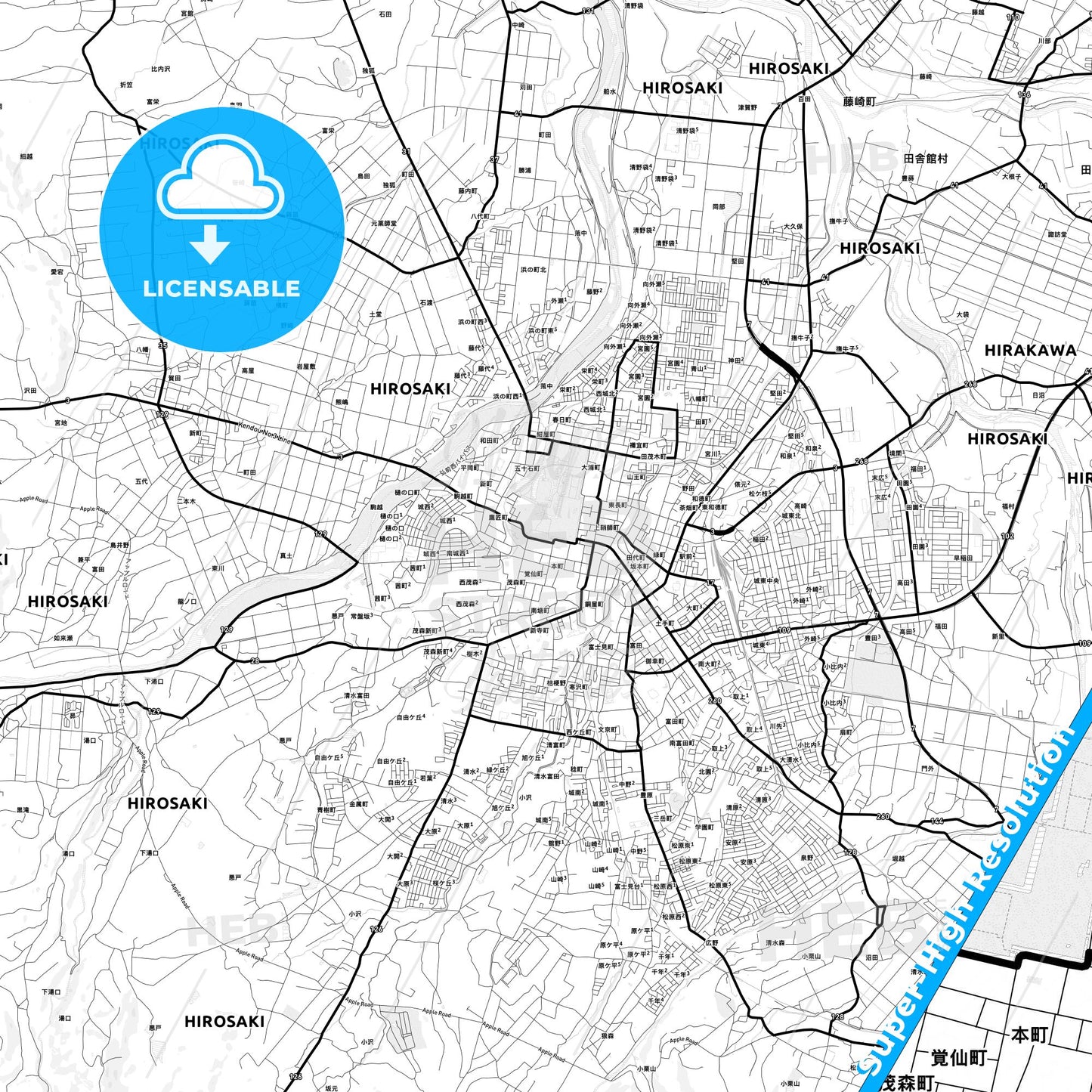 Hirosaki, Japan Light Map with Street Names, City Names, and Districts