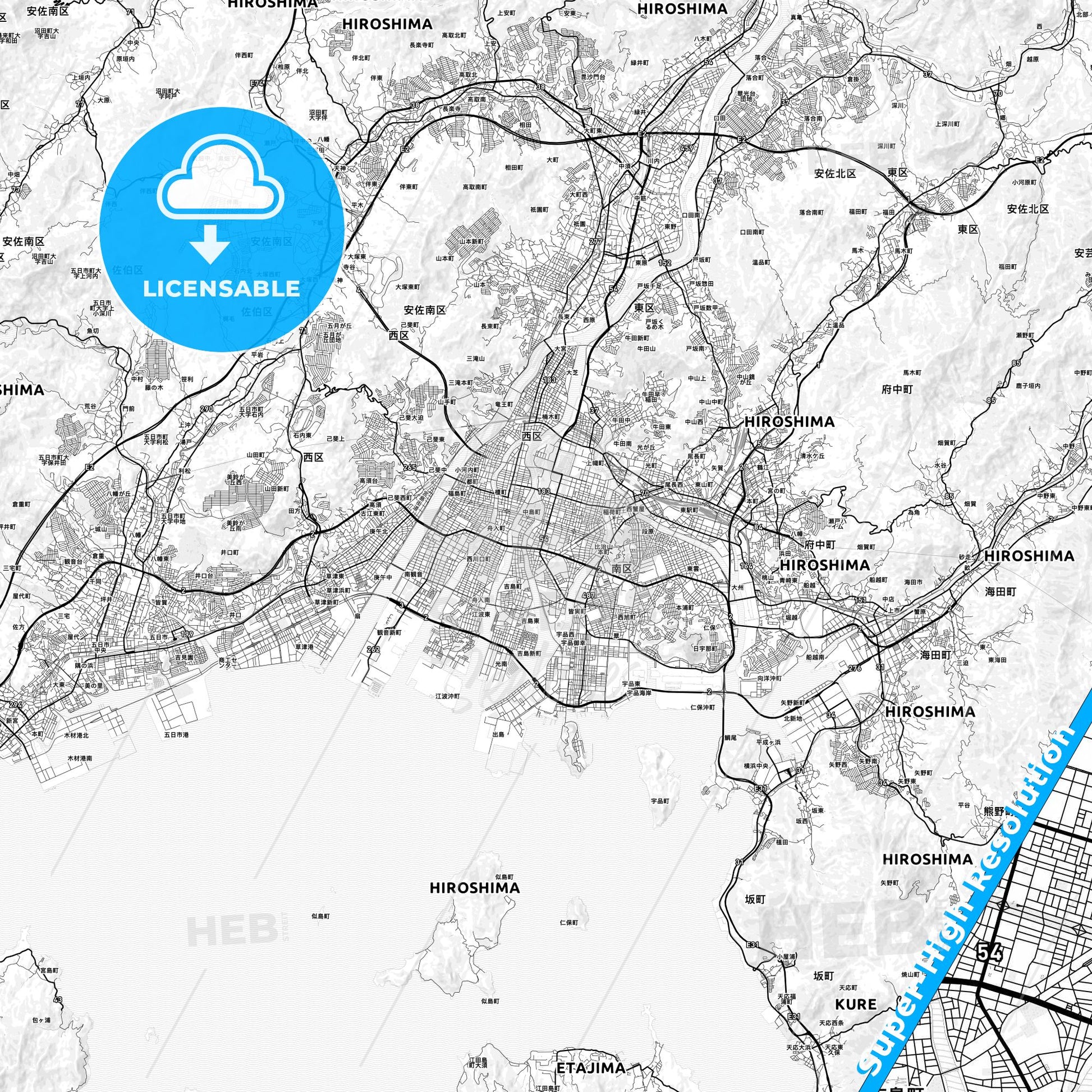Hiroshima, Japan light map with streetnames, citynames and districts