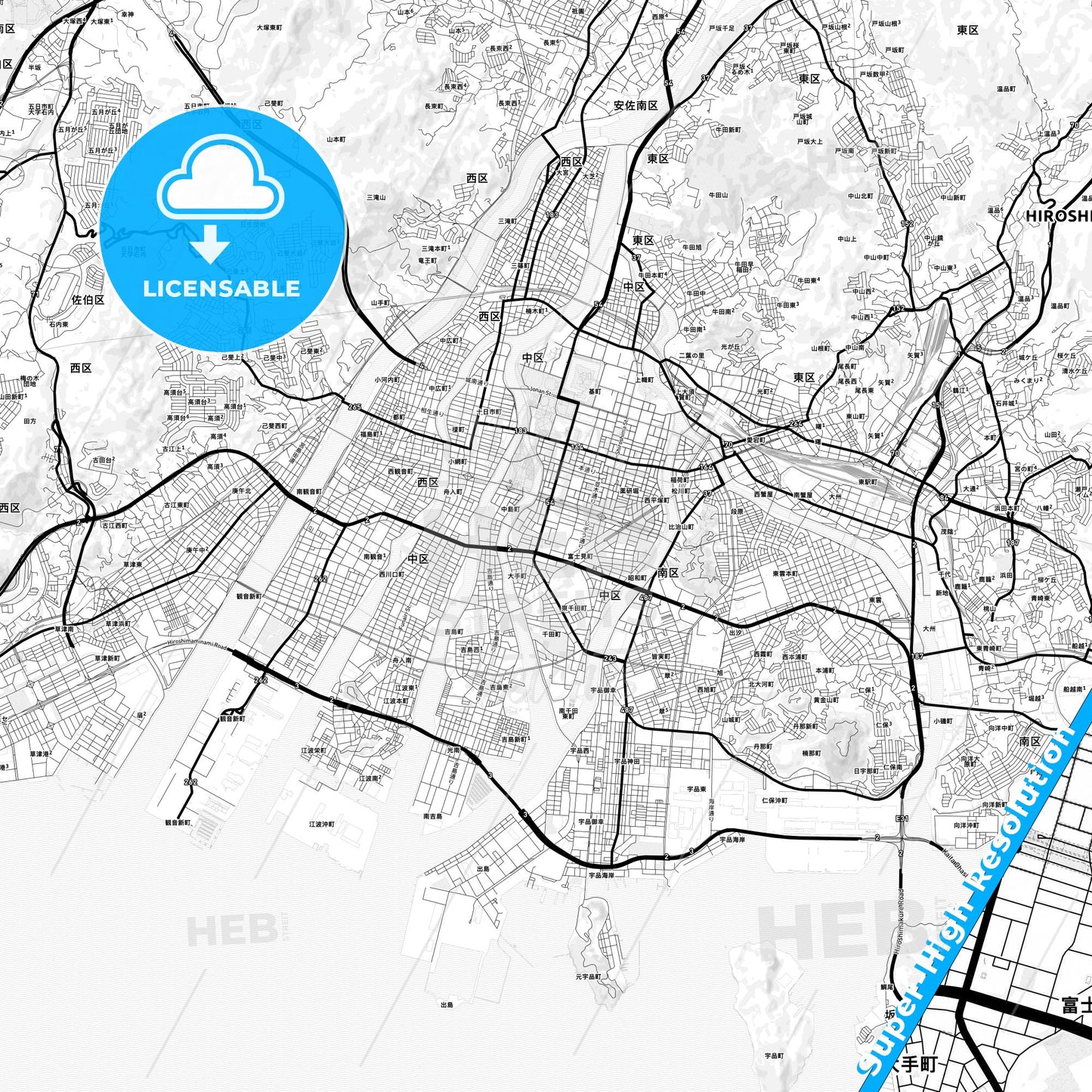 Hiroshima, Japan Light Map with Street Names, City Names, and Districts