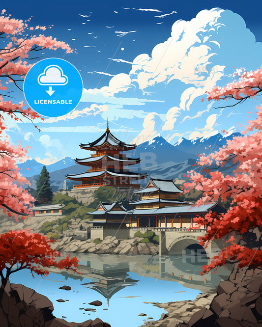 Hiroshima Skyline Painting: Pagoda Building, Flowery Bridge, Japanese Artwork