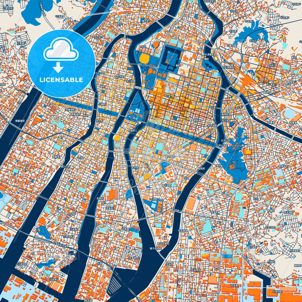 Colorful Hiroshima Street Map with Labels and Buildings