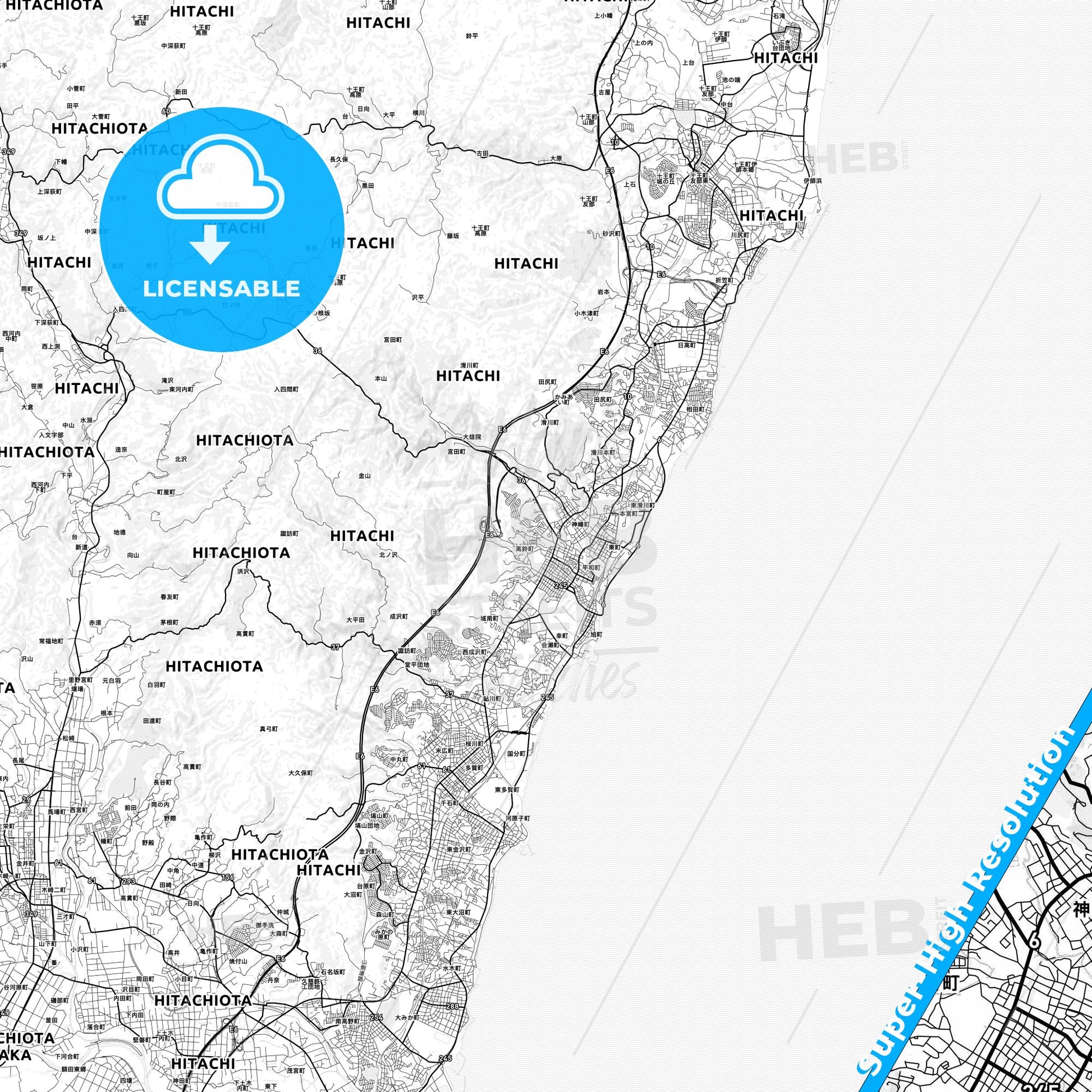 Hitachi, Japan light map with streetnames, citynames and districts
