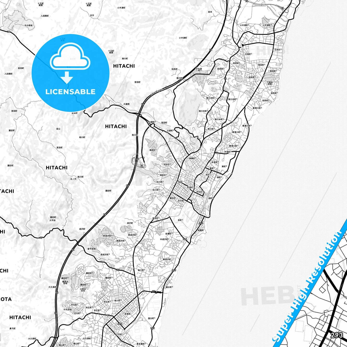 Hitachi, Japan Light Map with Street Names, City Names, and Districts