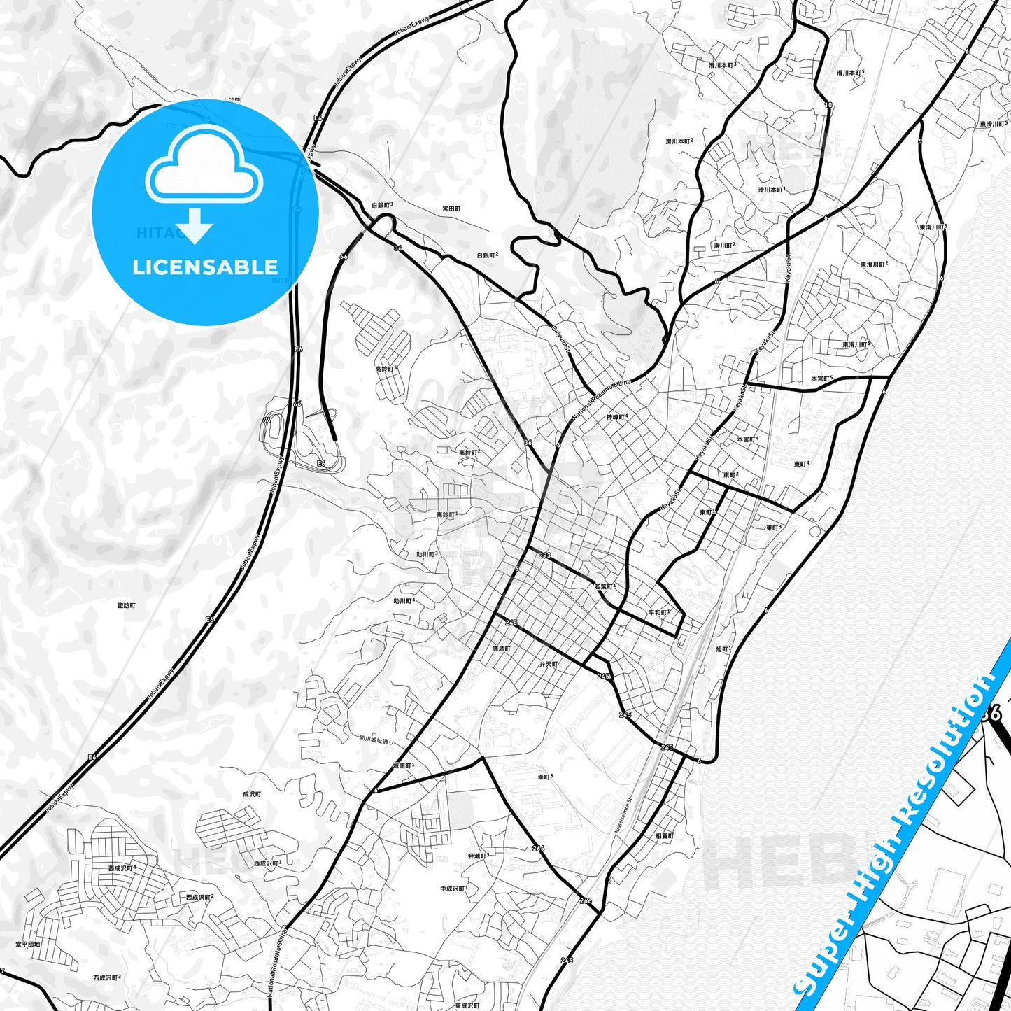 Hitachi, Japan Light Map with Street Names, City Names, and Districts