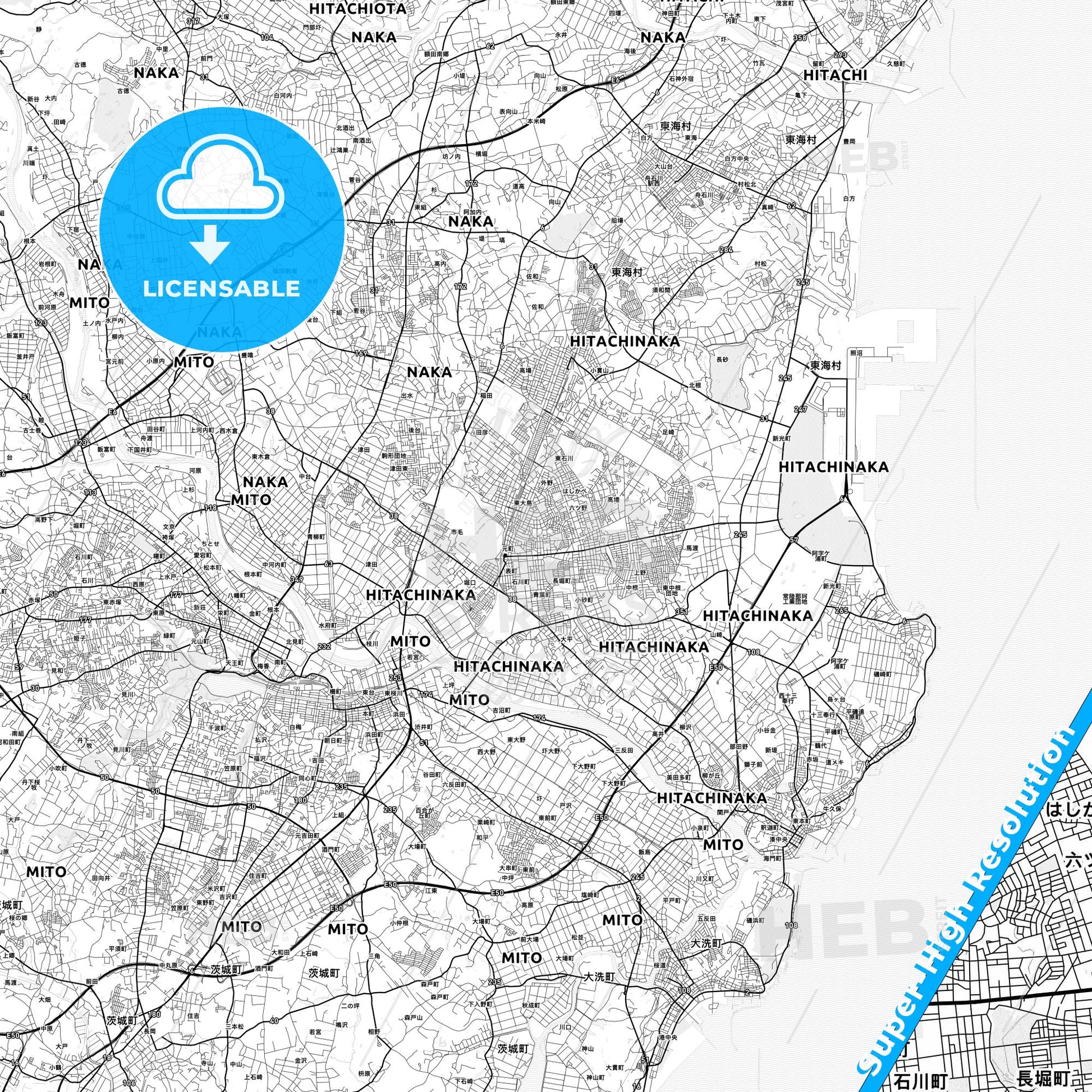 Hitachinaka, Japan light map with streetnames, citynames and districts