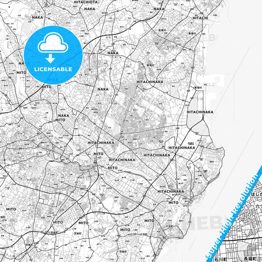 Hitachinaka, Japan light map with streetnames, citynames and districts