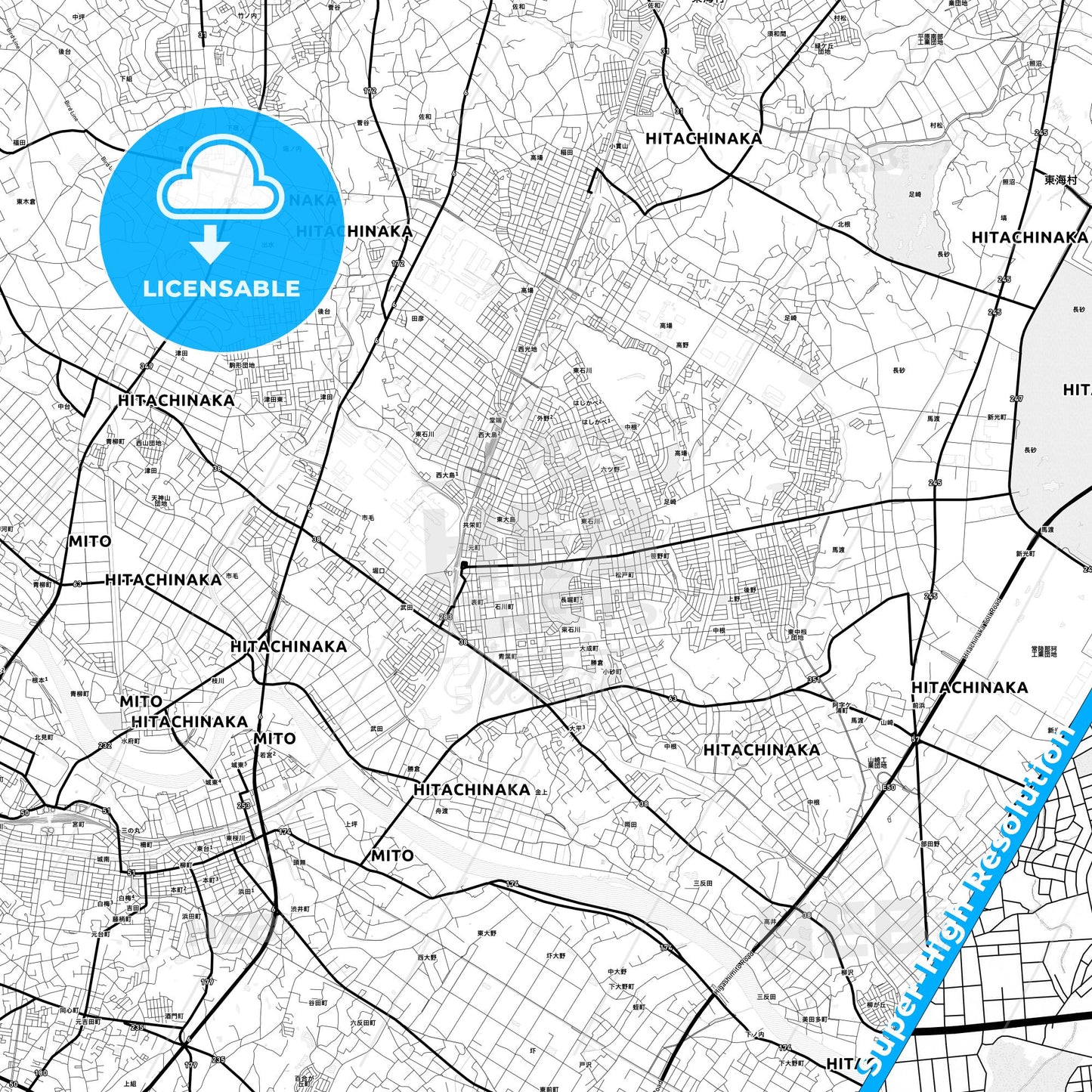 Hitachinaka, Japan Light Map with Street Names, City Names, and Districts