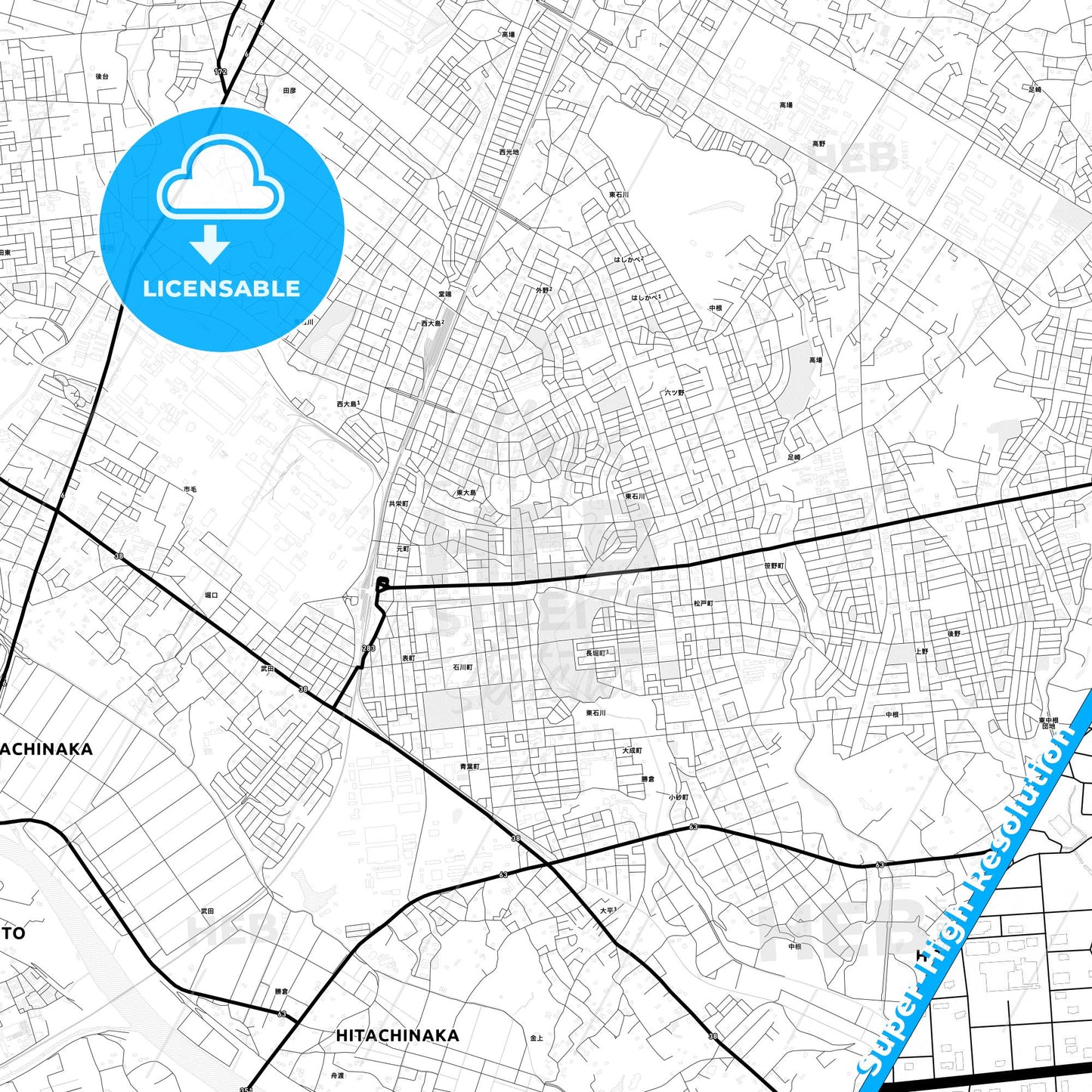 Hitachinaka, Japan Light Map with Street Names, City Names, and Districts