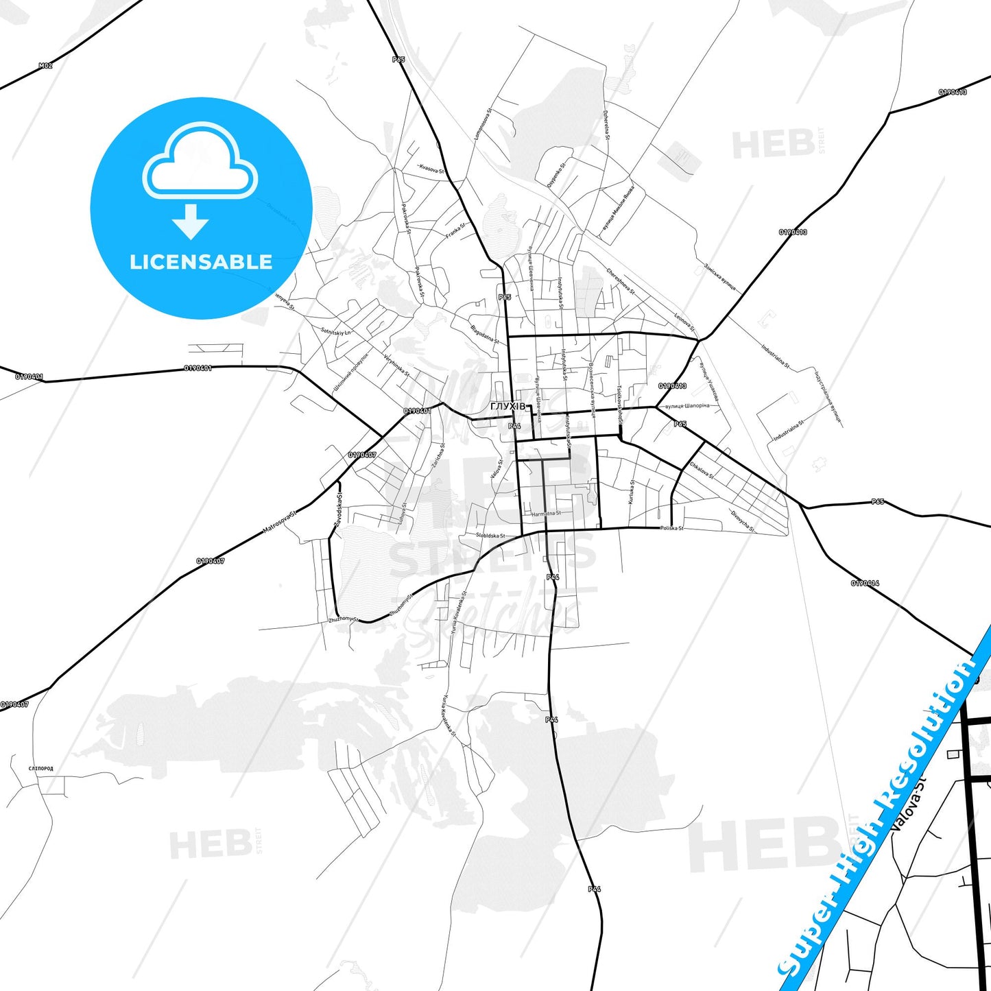 Hlukhiv, Ukraine Light Map with Street Names, City Names, and Districts