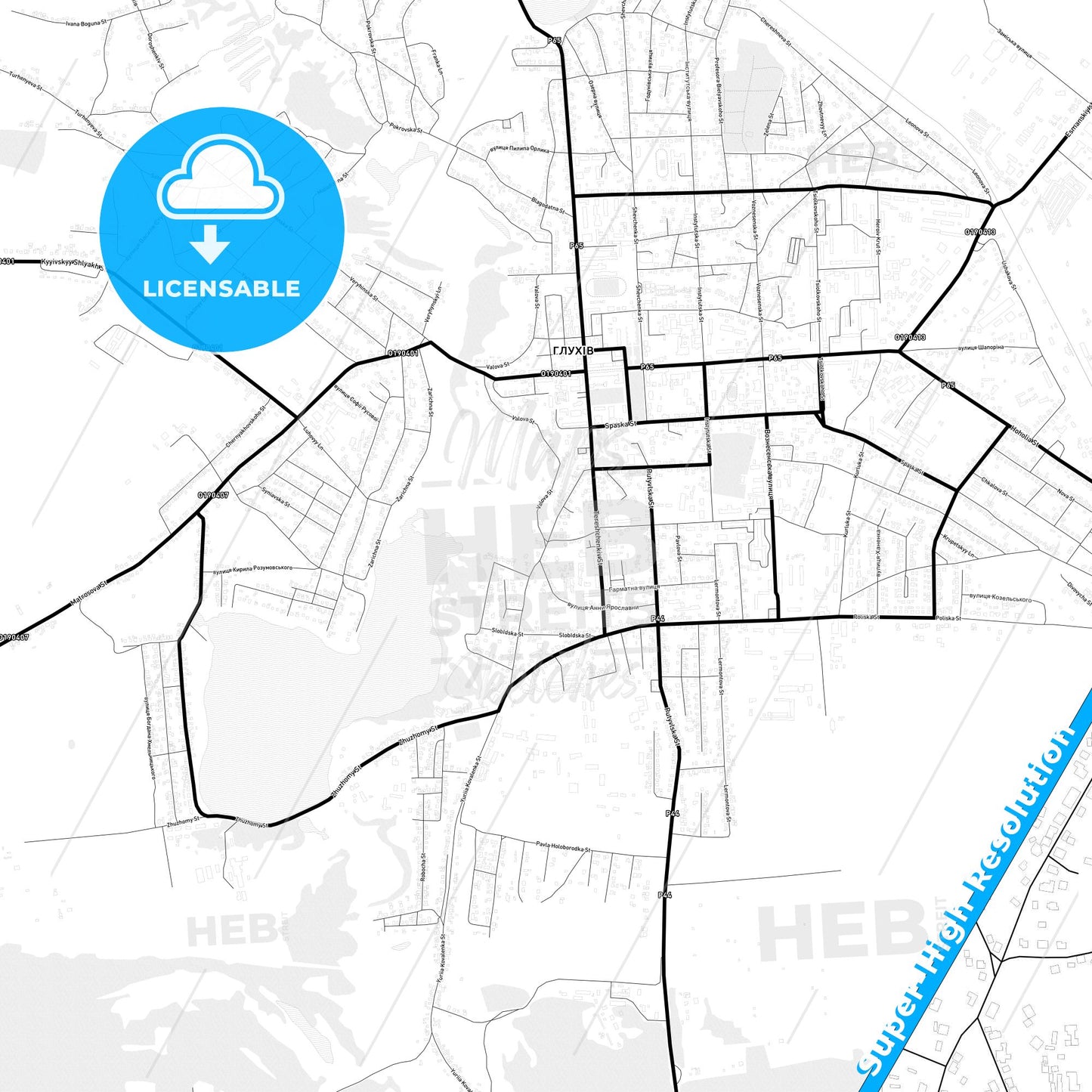 Hlukhiv, Ukraine Light Map with Street Names, City Names, and Districts