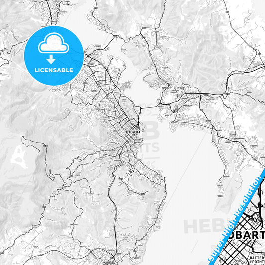 Hobart, Australia light map with streetnames, citynames and districts