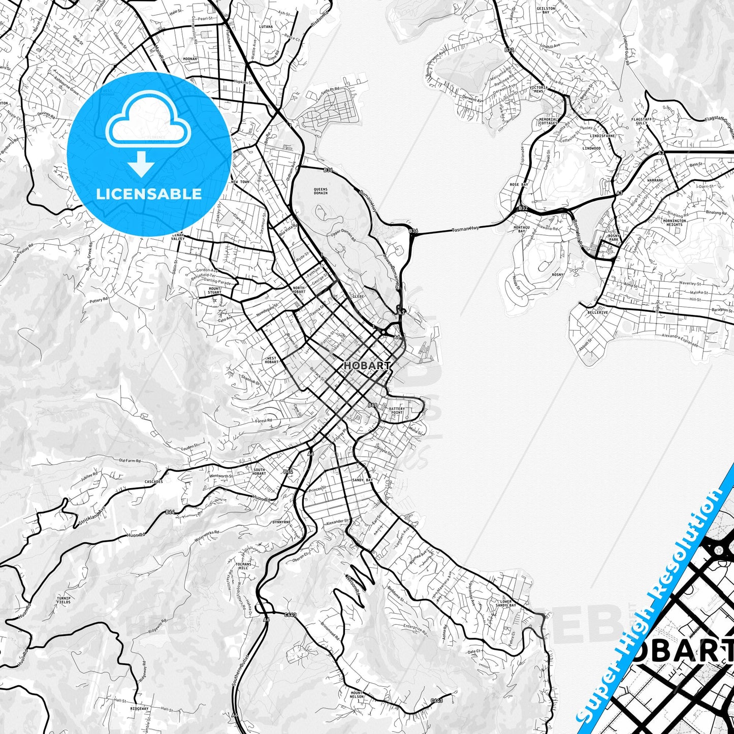 Hobart, Australia Light Map with Street Names, City Names, and Districts