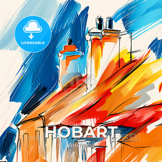 Vibrant Hobart, Australia - A Painting Of A Building With A Chimney - Square format print template