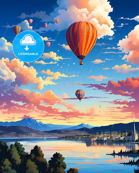 Hobart Skyline Art Depiction: Colorful Hot Air Balloons Soaring Over the City