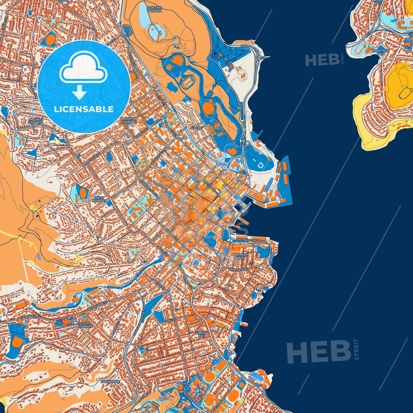 Colorful Hobart Street Map with Labels and Buildings