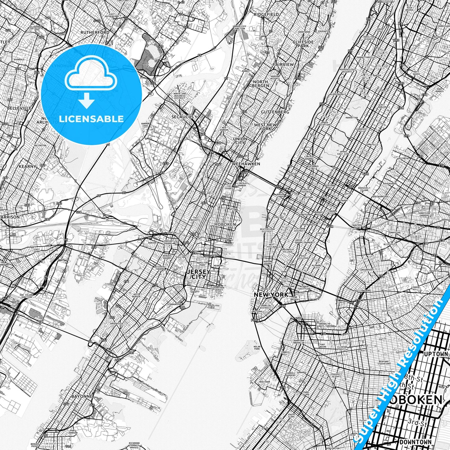 Hoboken, New Jersey light map with streetnames, citynames and districts