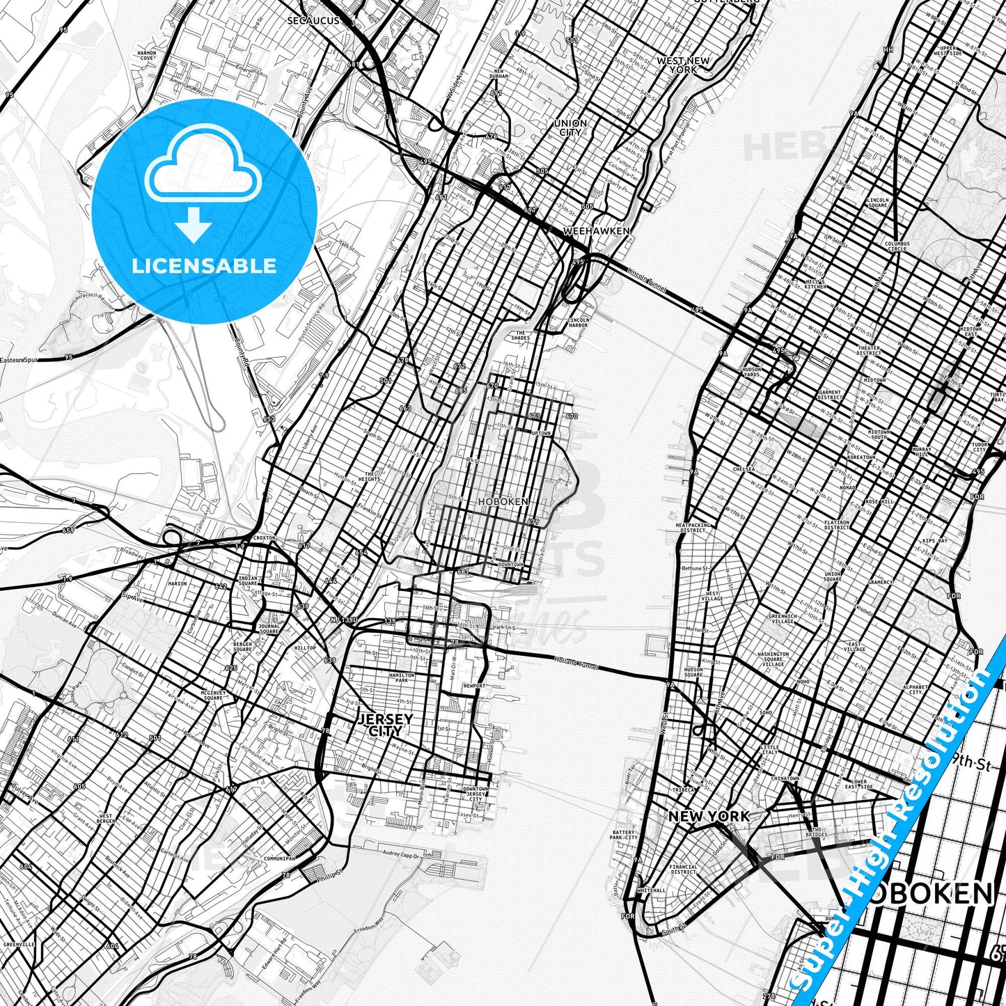 Hoboken, New Jersey Light Map with Street Names, City Names, and Districts