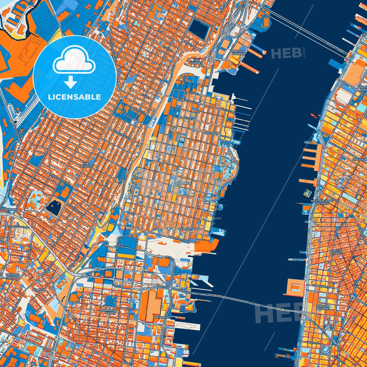 Colorful Hoboken Street Map with Labels and Buildings