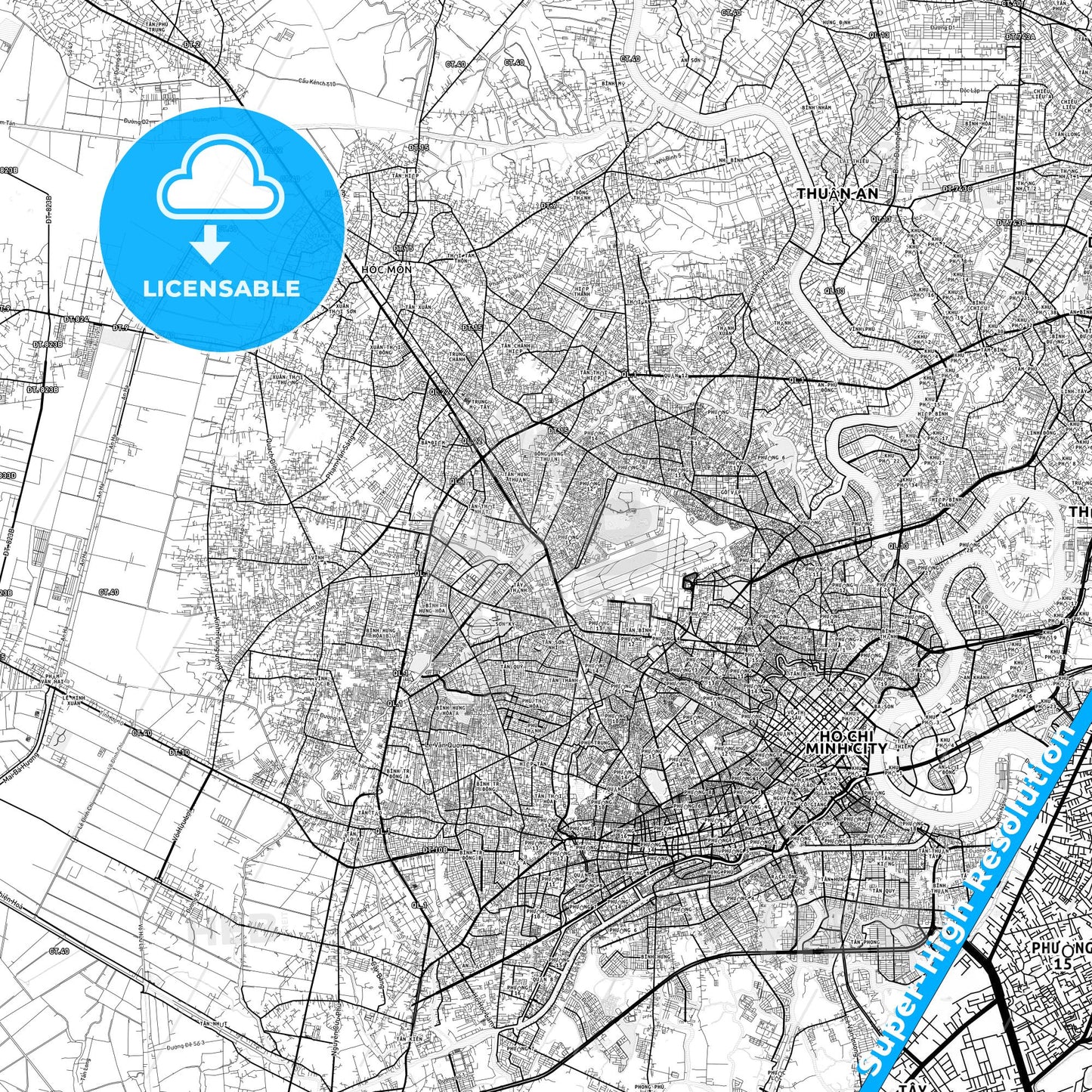 Ho Chi Minh City, Vietnam light map with streetnames, citynames and districts