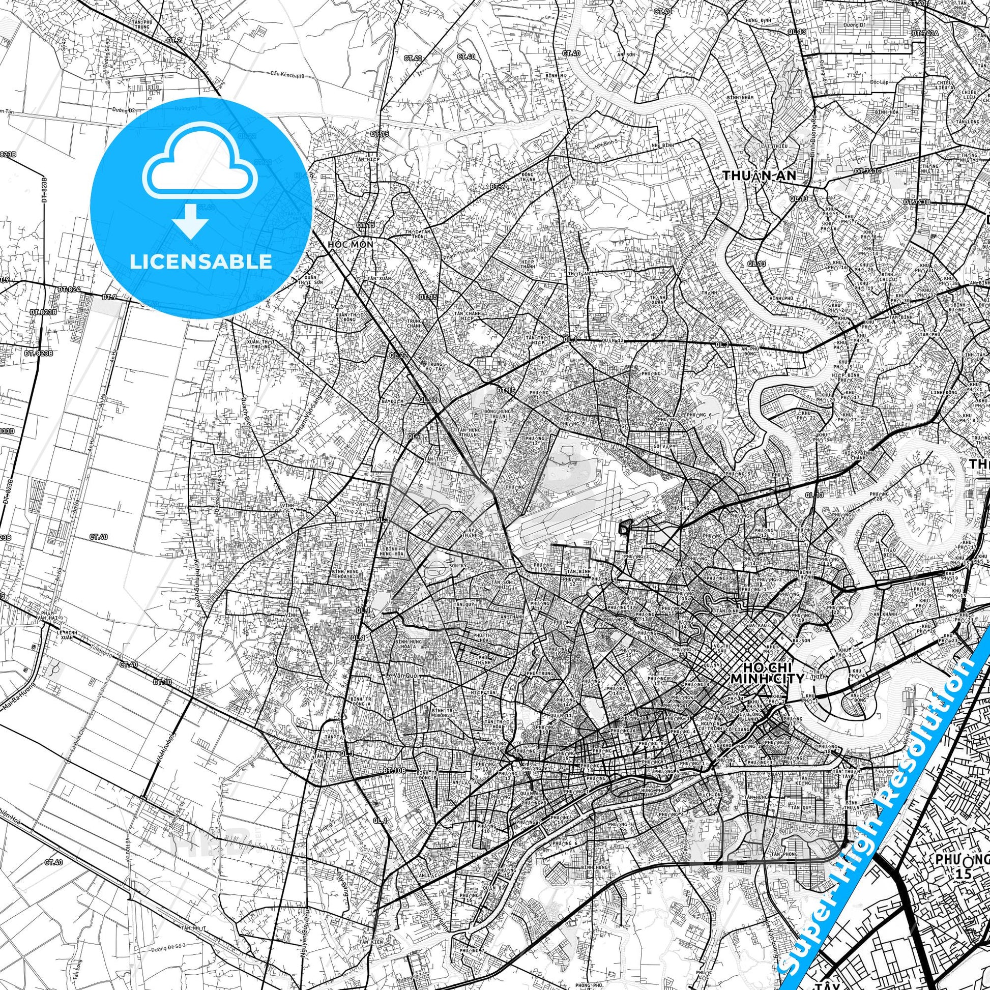 Ho Chi Minh City, Vietnam light map with streetnames, citynames and districts