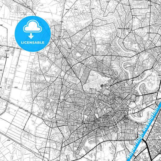 Ho Chi Minh City, Vietnam light map with streetnames, citynames and districts