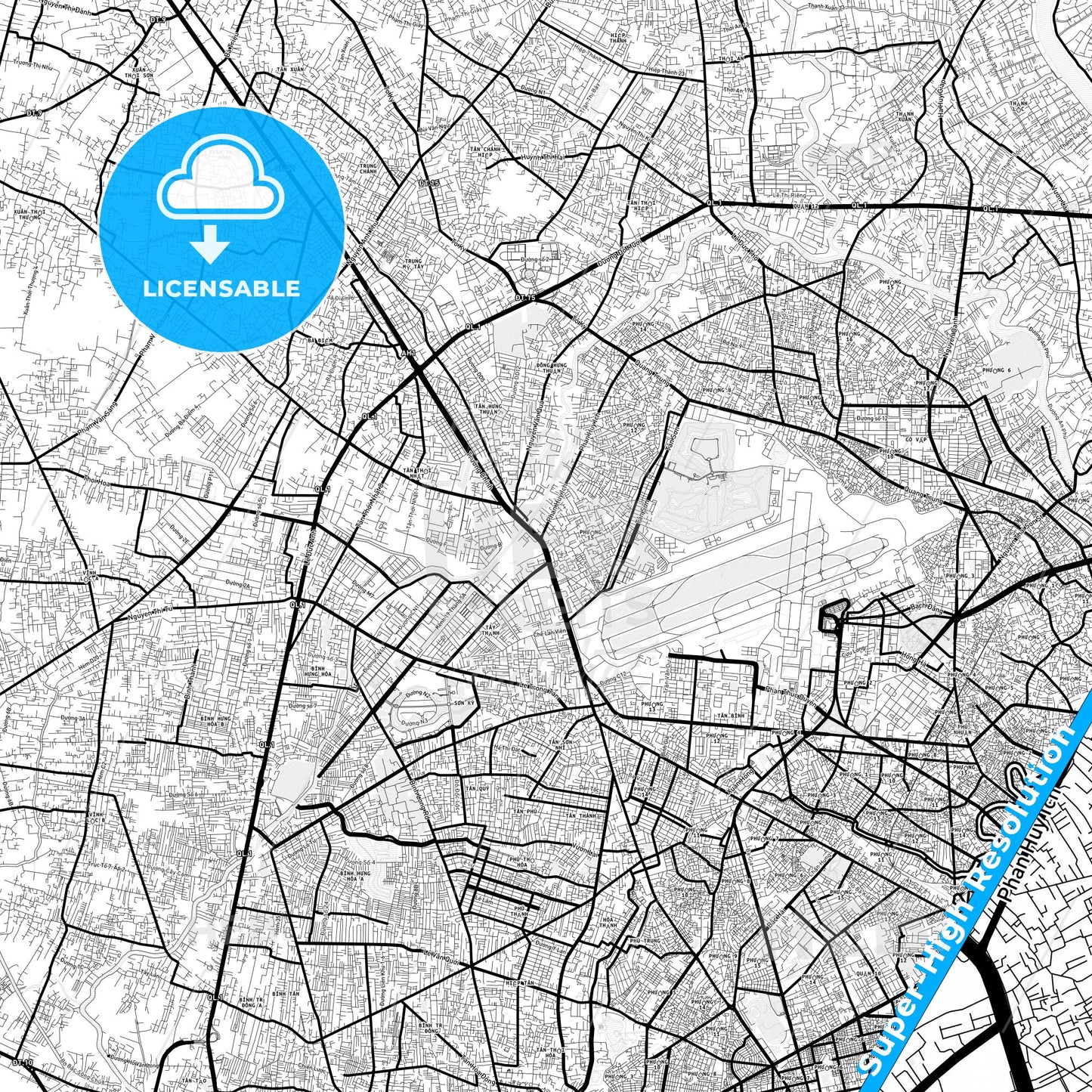 Ho Chi Minh City, Vietnam Light Map with Street Names, City Names, and Districts