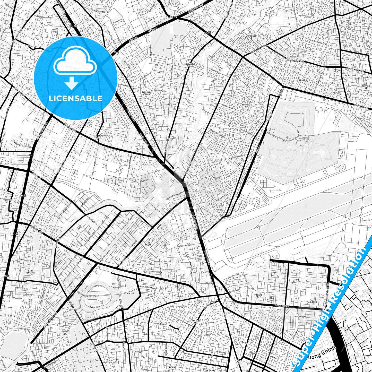 Ho Chi Minh City, Vietnam Light Map with Street Names, City Names, and Districts