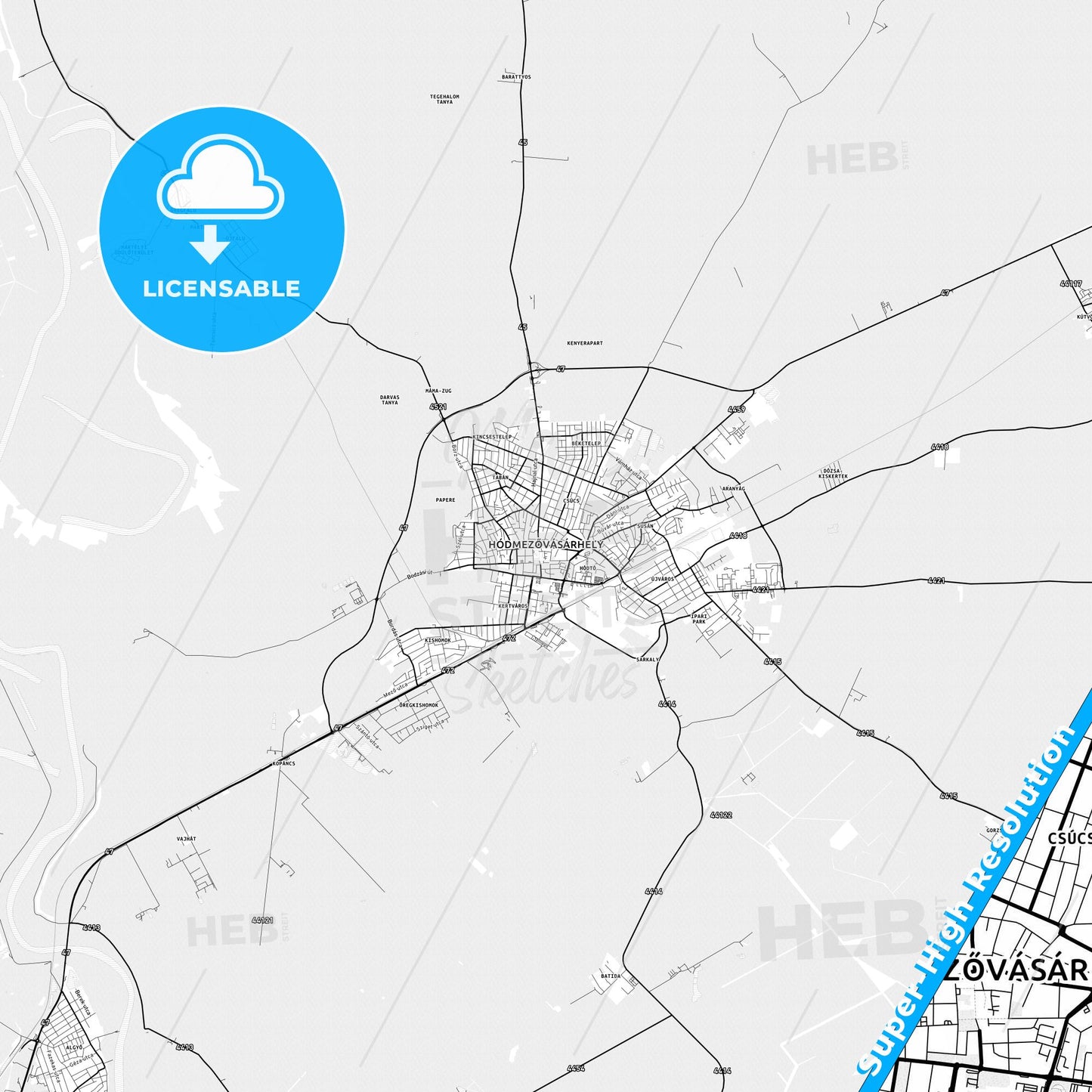 Hódmezővásárhely, Hungary light map with streetnames, citynames and districts
