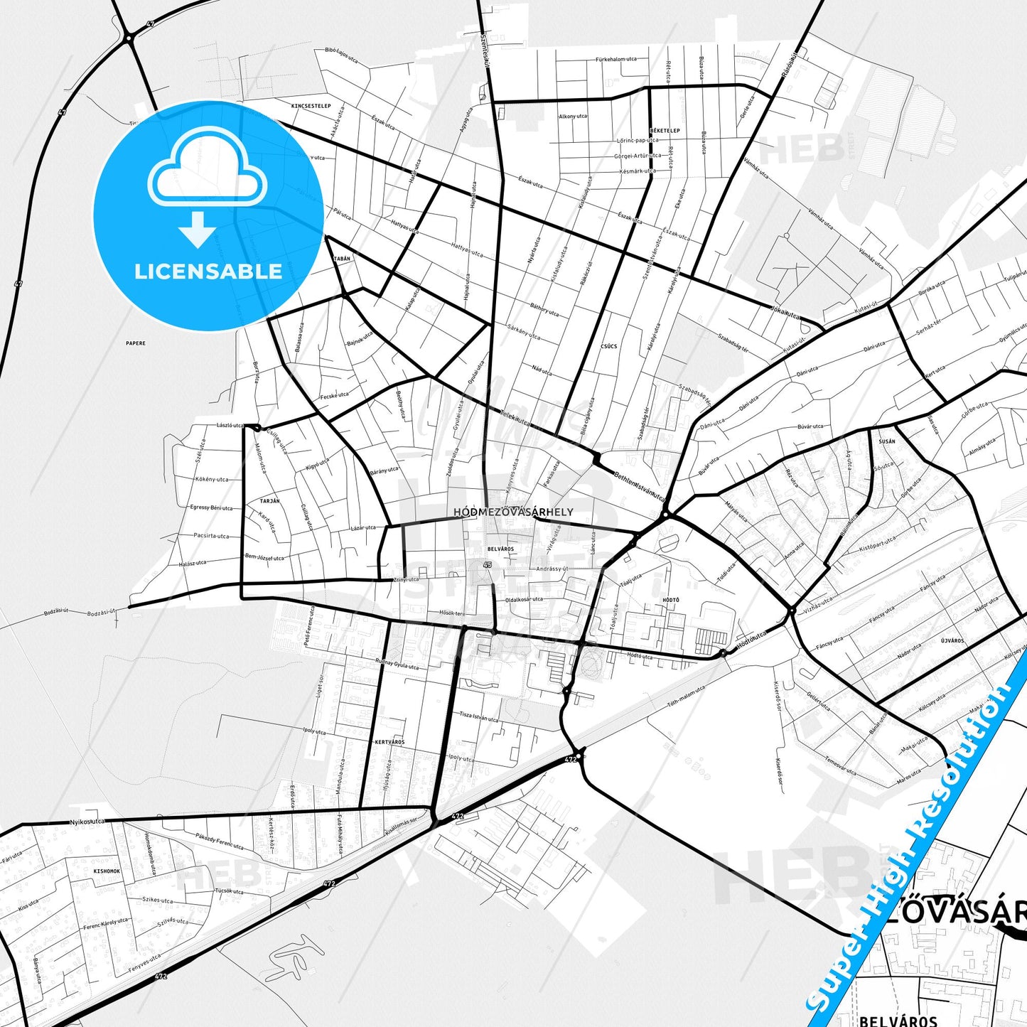 Hódmezővásárhely, Hungary Light Map with Street Names, City Names, and Districts