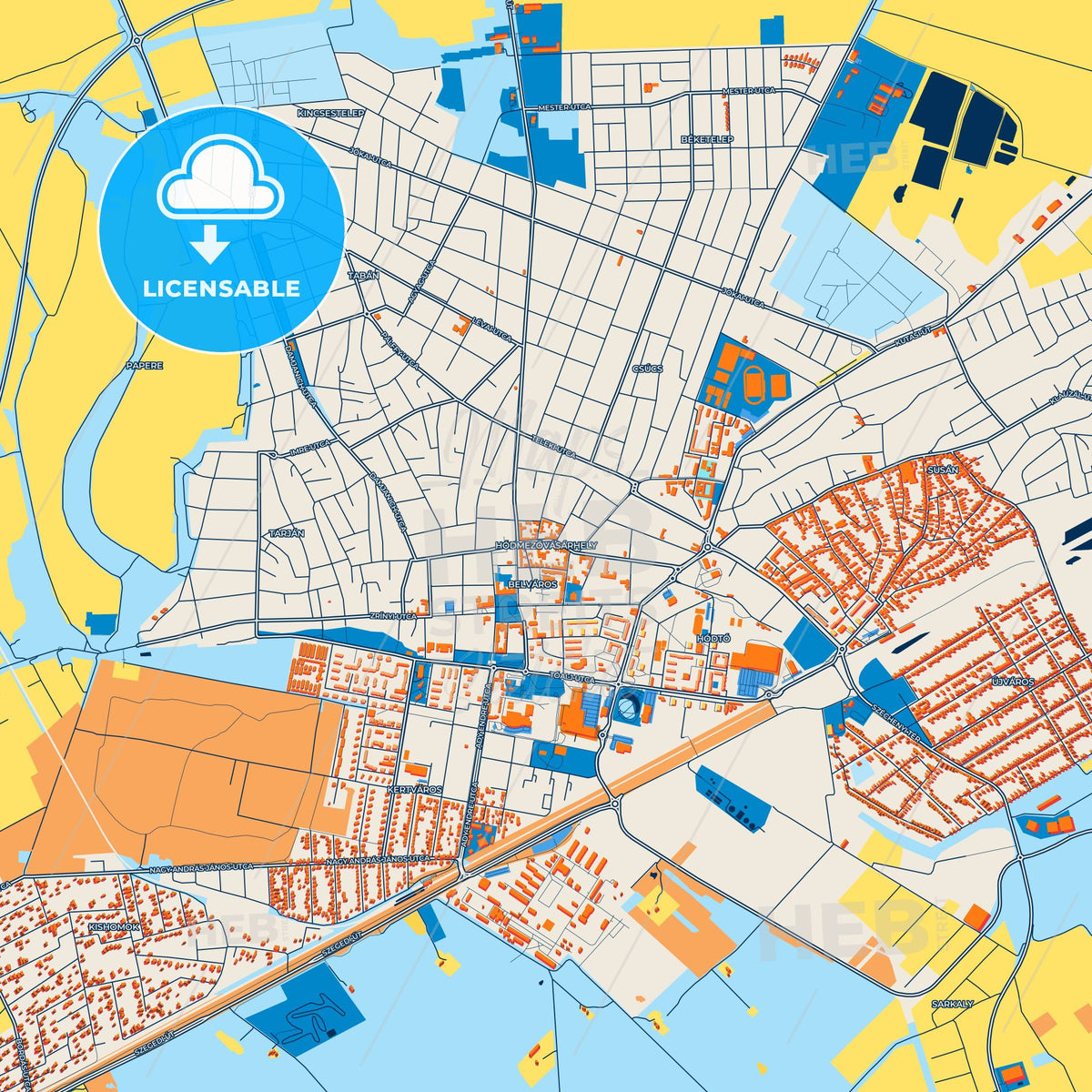 Colorful Hódmezővásárhely Street Map with Labels and Buildings