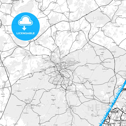 Hof, Germany light map with streetnames, citynames and districts