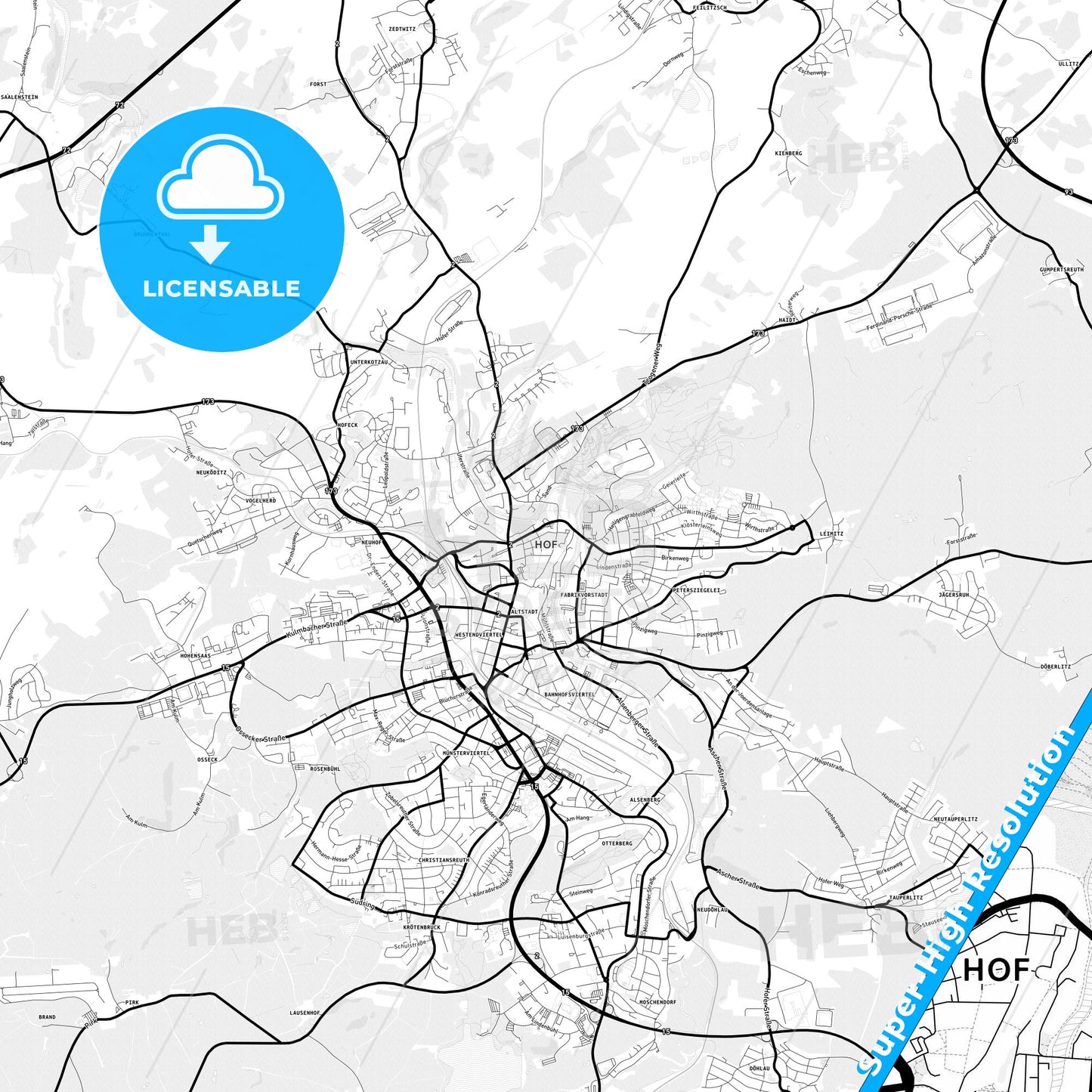 Hof, Germany Light Map with Street Names, City Names, and Districts