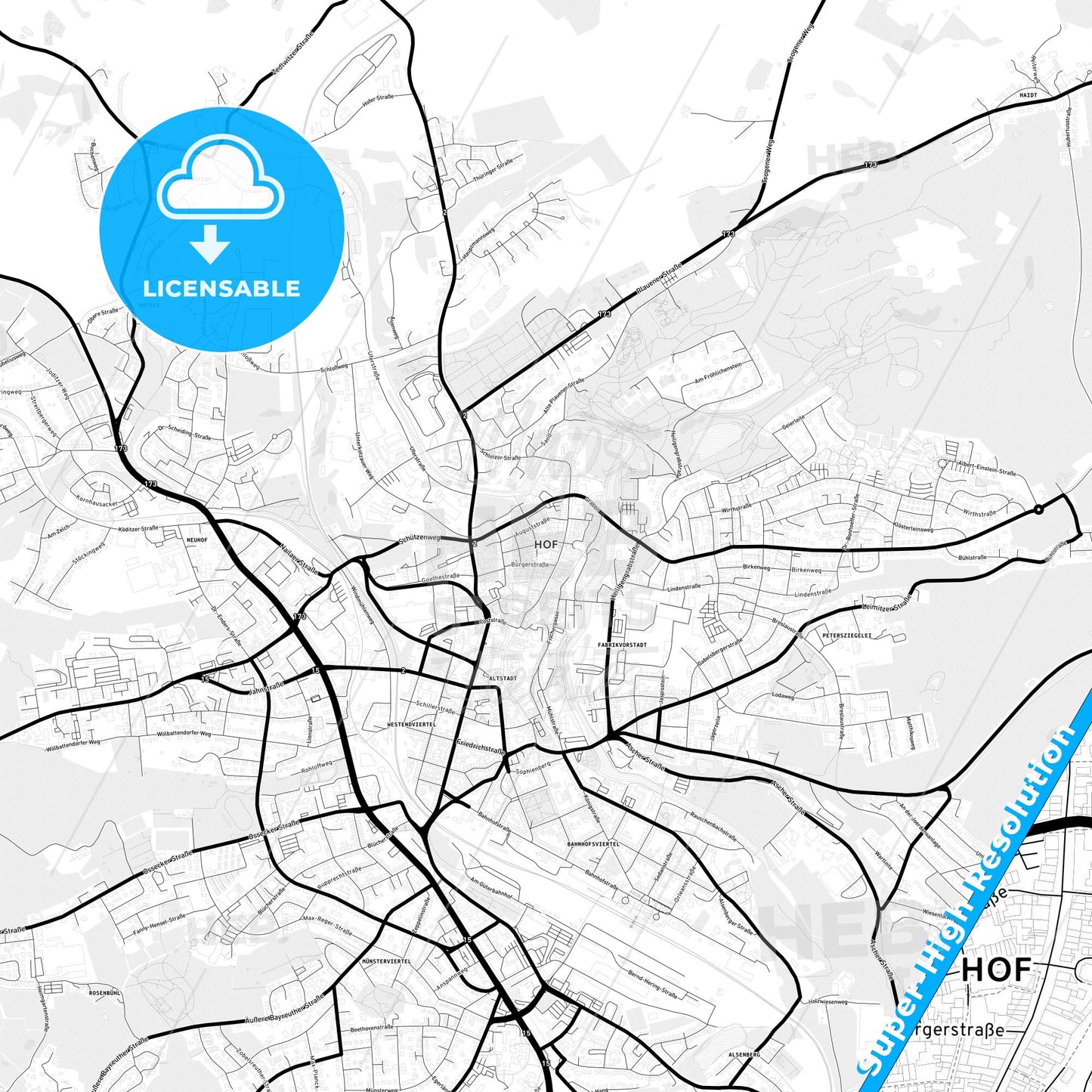 Hof, Germany Light Map with Street Names, City Names, and Districts