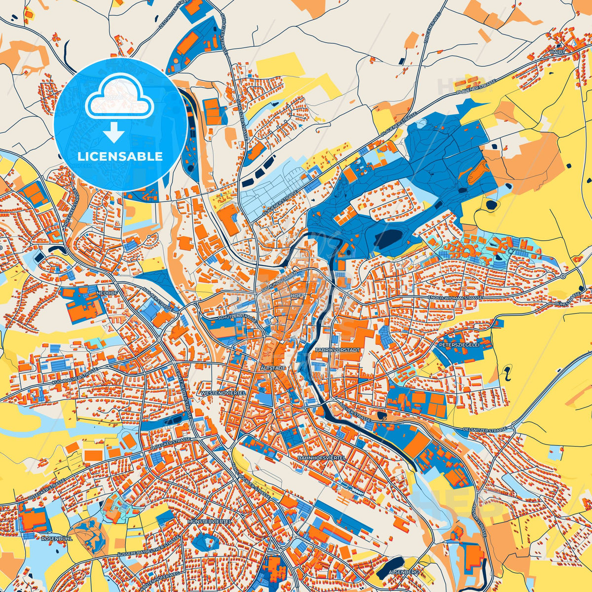 Colorful Hof Street Map with Labels and Buildings