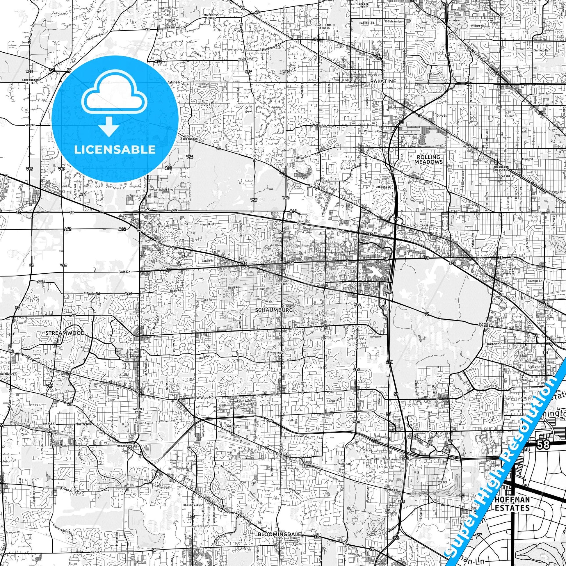 Hoffman Estates, Illinois light map with streetnames, citynames and districts