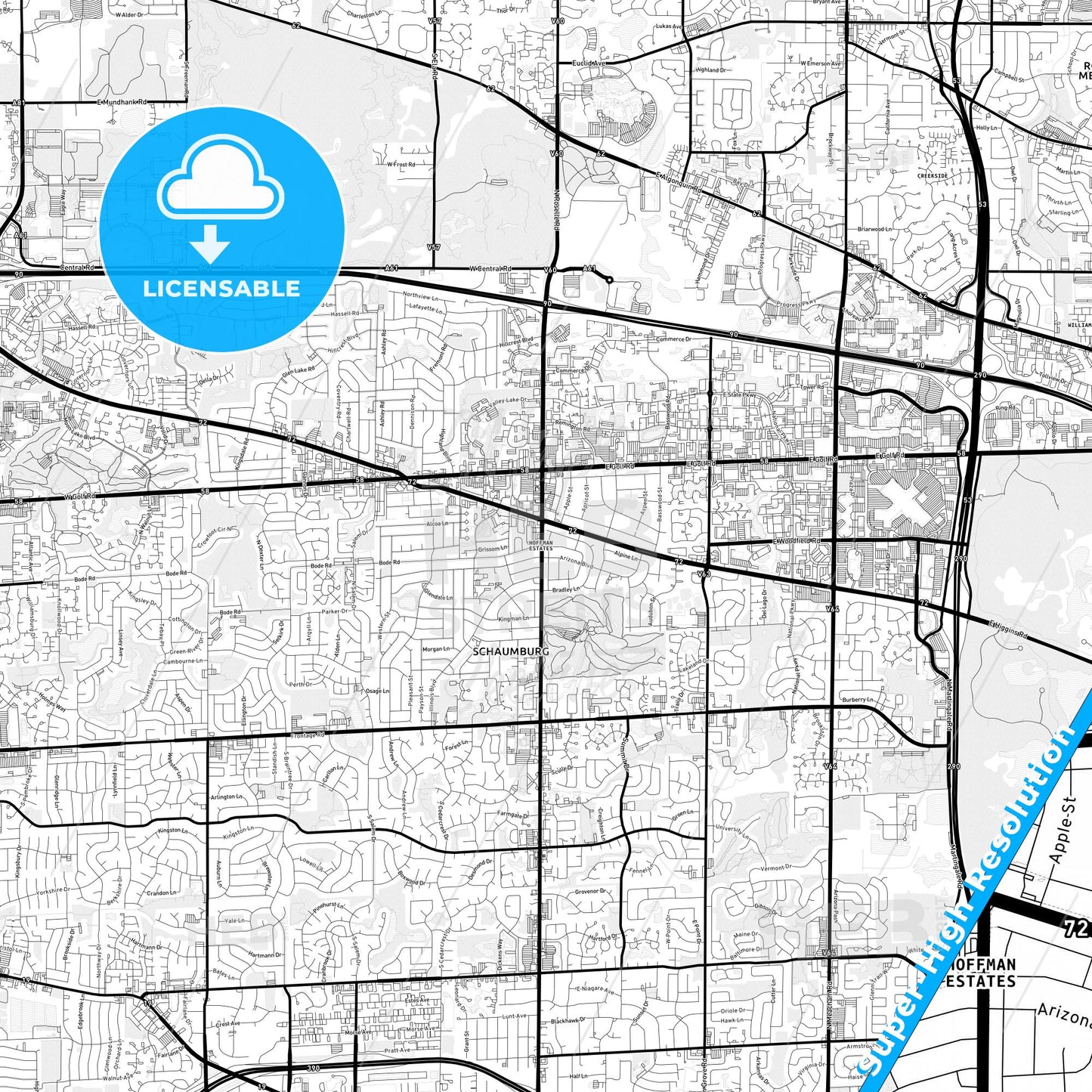 Hoffman Estates, Illinois Light Map with Street Names, City Names, and Districts