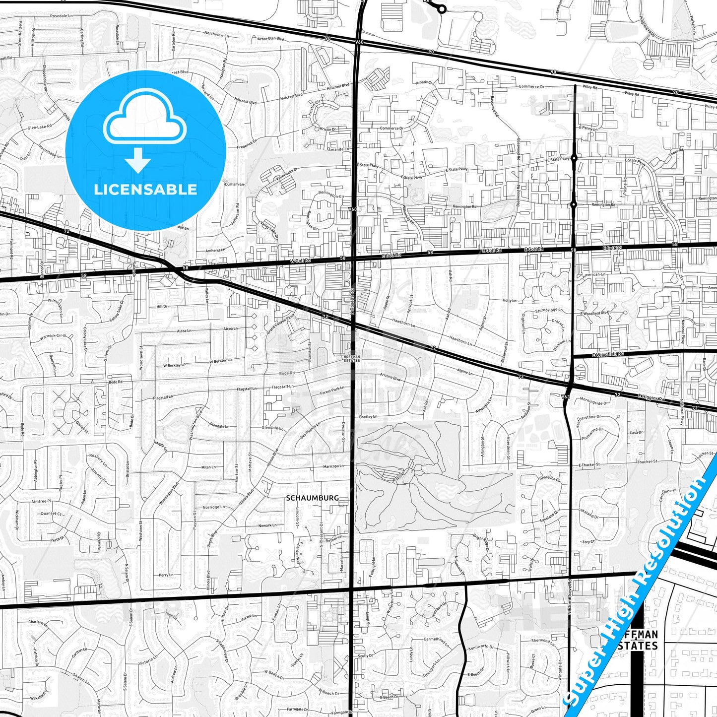Hoffman Estates, Illinois Light Map with Street Names, City Names, and Districts