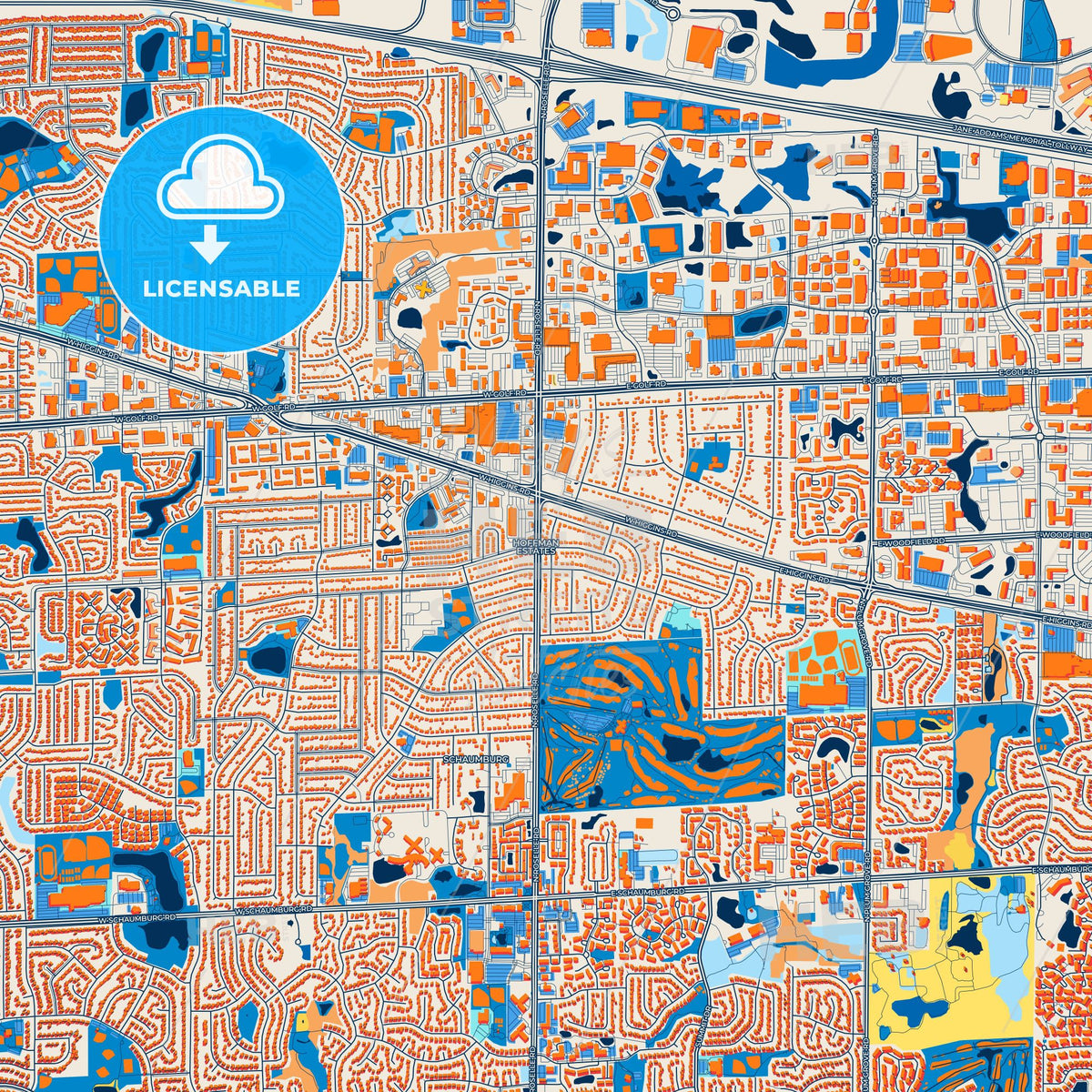 Colorful Hoffman Estates Street Map with Labels and Buildings