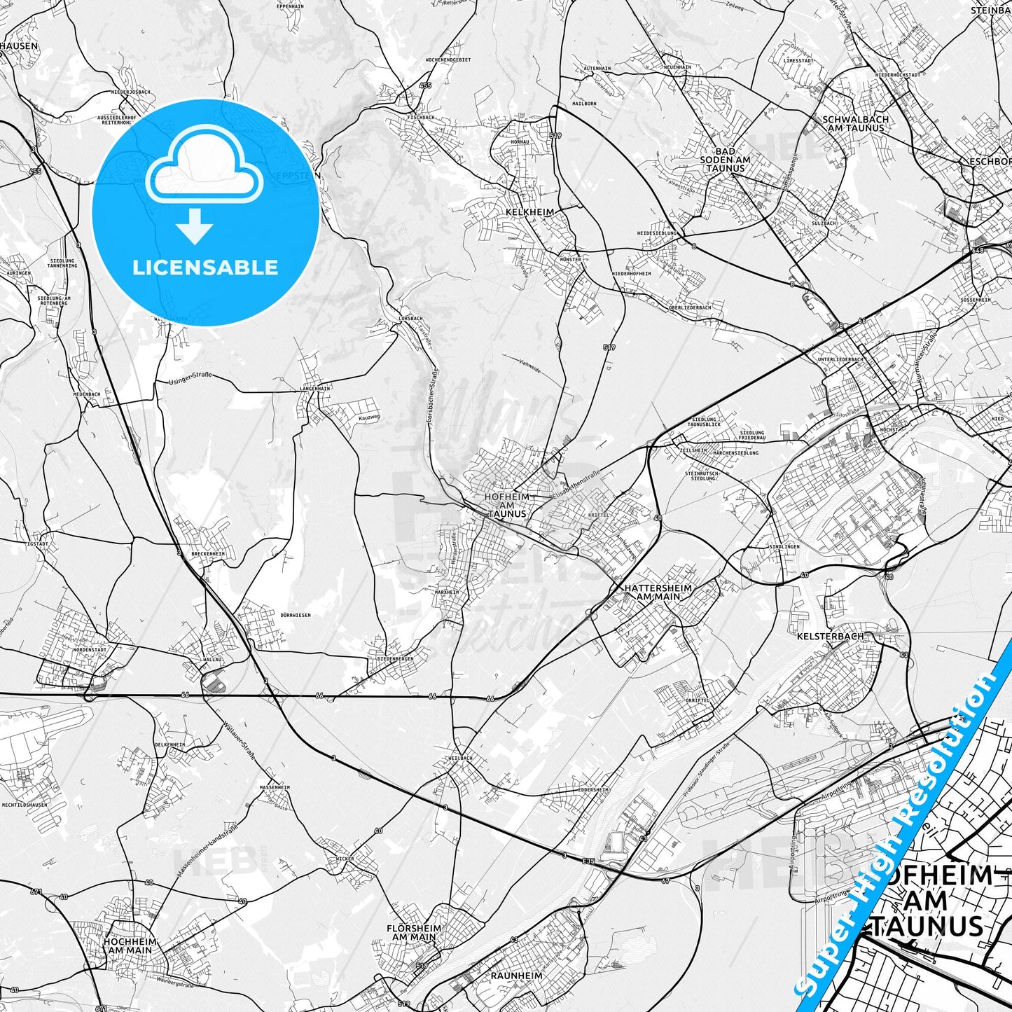 Hofheim am Taunus, Germany light map with streetnames, citynames and districts