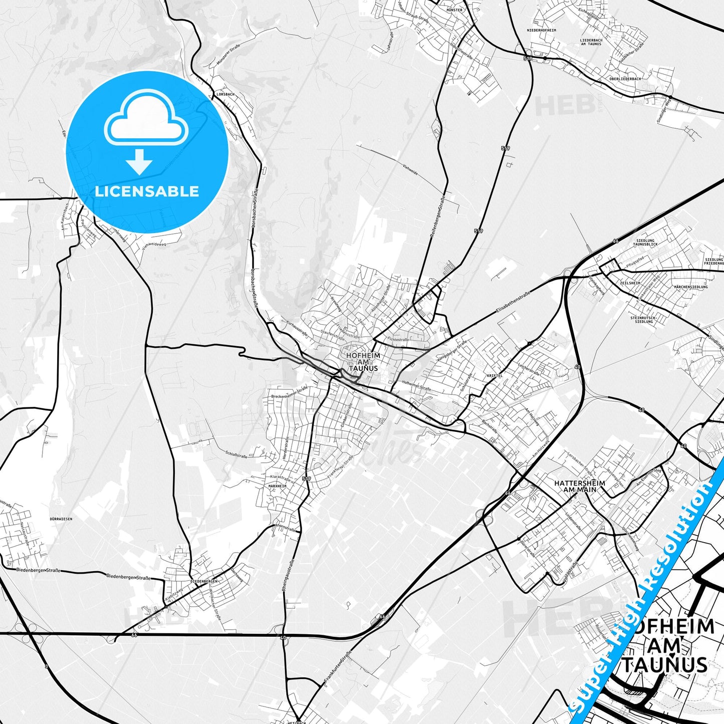 Hofheim am Taunus, Germany Light Map with Street Names, City Names, and Districts